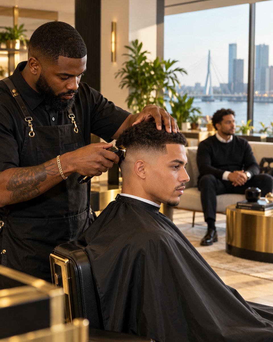 Barber verzorgt een medewerker tijdens een bedrijfsknipdag