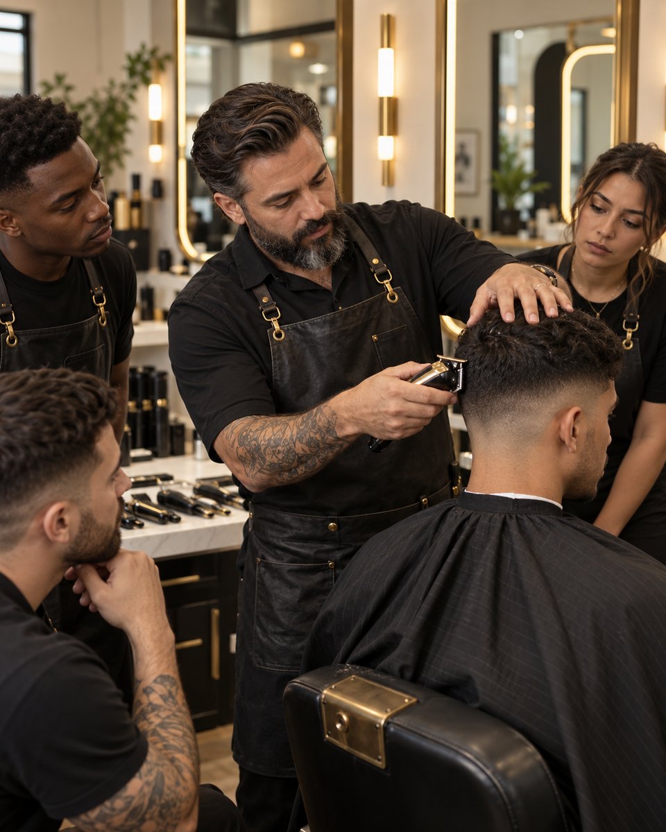 Barbertrainer demonstreert een fade aan cursisten